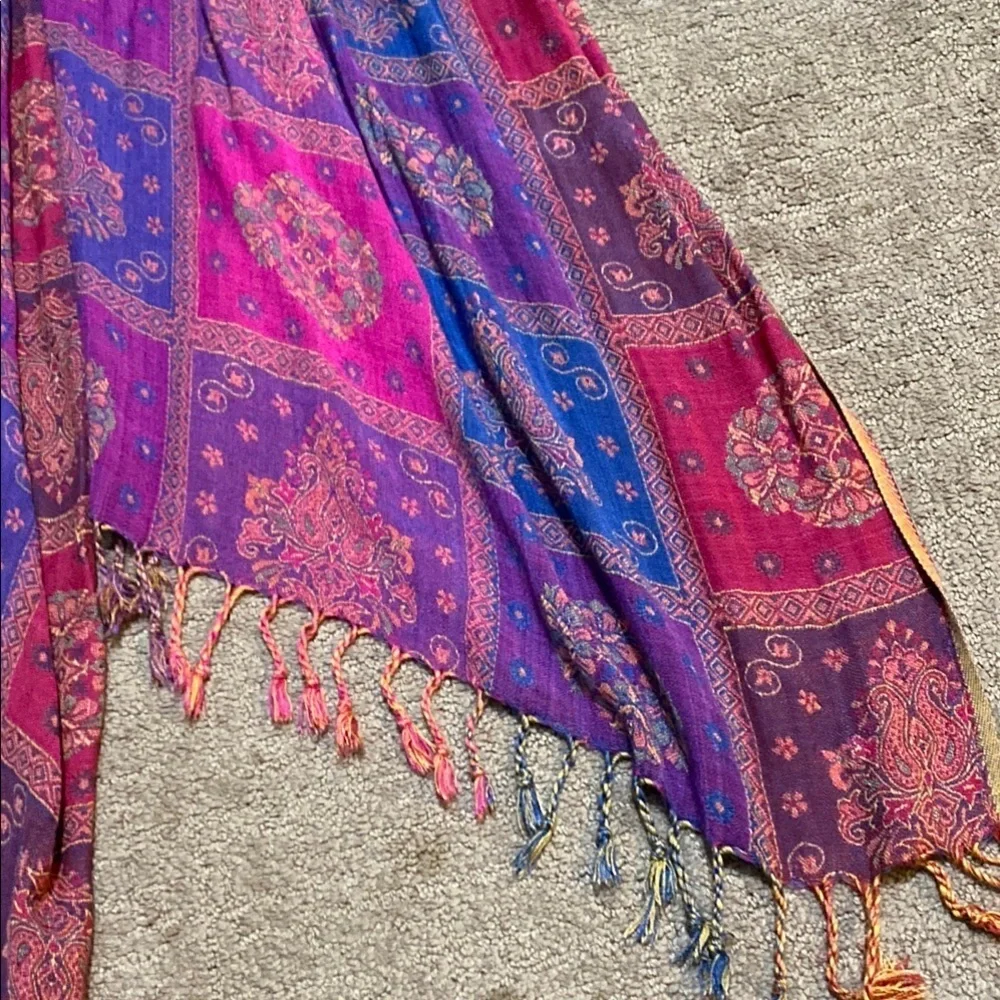Vibrant Pink and Purple Geometric Scarf with Tassels Spring Wedding Guest